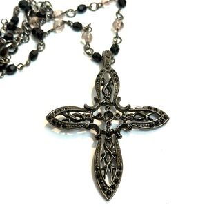 Vintage Black and Silver Ornate Cross Pendant Necklace, Gothic and Punk Style